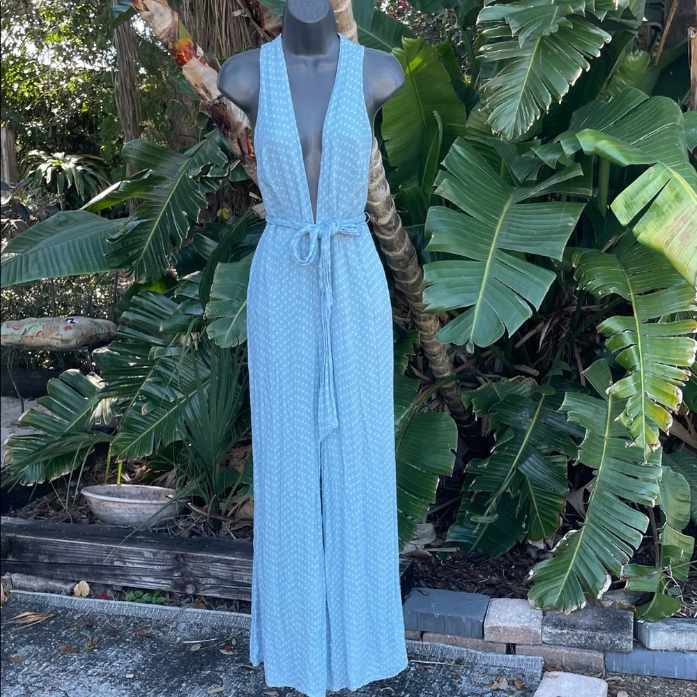 Polkadot plunge neck line wide leg jumpsuit